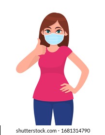 Happy young woman wearing medical face mask and showing thumbs up sign. Trendy girl covering protective surgical mask and gesturing good, success symbol. Cartoon illustration design in vector style.