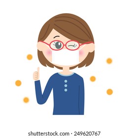 A happy young woman winking with a mask and glasses on, allergen flowing in the air, vector illustration