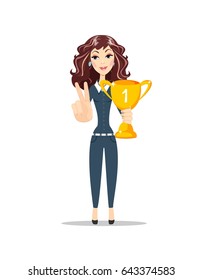 happy young woman winner with trophy . The winners cup . Character shows a sign of victory.