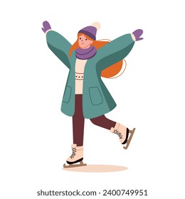 Happy young woman in winter clothes skating on ice rink vector Illustration