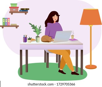 
Happy young woman working at the desk is working on the laptop computer. Student girl surrounded by books, coffee, cat, documents, lamps.
Flat cartoon colored vector illustration.