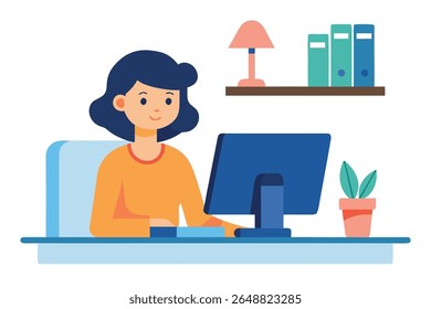 Happy young woman working from home office, computer, desk, plant, minimalist style illustration.