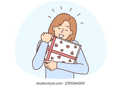 Happy young woman with wrapped present for valentine day. Smiling girl hold in hands gift box for birthday or special occasion. Vector illustration.