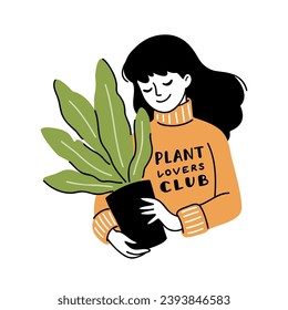 Joven feliz con suéter amarillo sosteniendo una maceta verde en sus manos. Ilustración vectorial plana de caricatura para imprimir, afiche, pegatina, medios sociales o sitio web. Club para los amantes de la planta, pasatiempo botánico.