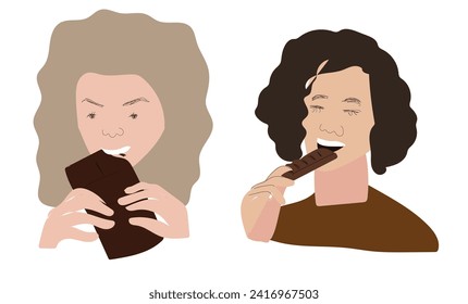 Happy young womans eating chocolate. Smiling girl feel joyful enjoy sweet bar or sugar dessert. Vector illustration. Cartoon design.
Delicious calories. Unhealthy. Creamy Milk bars, candy. Tasty.