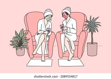 Las jóvenes felices con albornoces beben vino y se relajan en el spa los fines de semana juntos. Las chicas sonrientes tienen procedimientos de belleza facial y tratamiento de cuidados corporales en el salón. Cosmetología. Ilustración vectorial. 