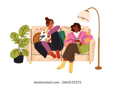 Happy young women, best friends chatting, sitting on cozy couch with tea cup. Girls at leisure time at home, teatime conversation on sofa. Flat vector illustration isolated on white background