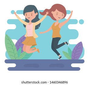 happy young women celebrating jumping in the field