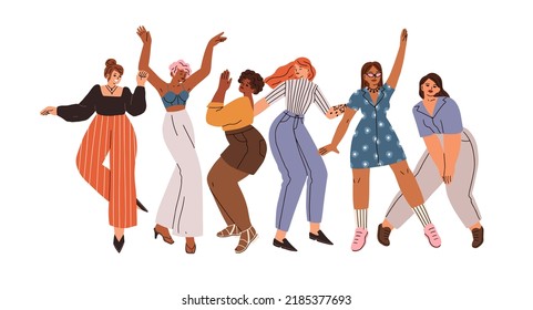 Happy young women dancing together. Diverse fashion girls dancers. Dance, fun and joy of modern energetic excited female friends. Flat graphic vector illustration isolated on white background