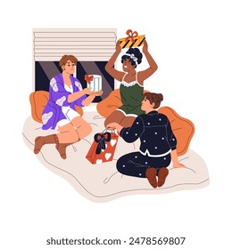 Happy young women exchange gifts on girls' night. Friends present surprises to each other on sleepover, slumber party. People have fun in bed. Flat isolated vector illustration on white background