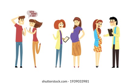 Happy Young Women Expecting Babies Set, Pregnant Women Consulting with their Doctors Cartoon Vector Illustration