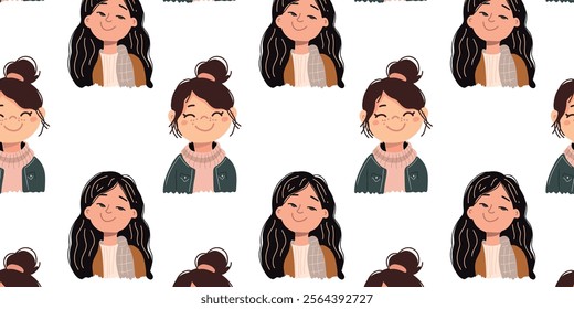 Happy young women face seamless pattern