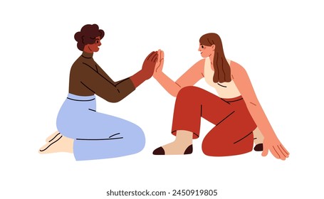 Happy young women giving high five, gesturing. Girls friends playing clapping game, sitting on floor. Joyful communication, relationship. Flat vector illustration isolated on white background