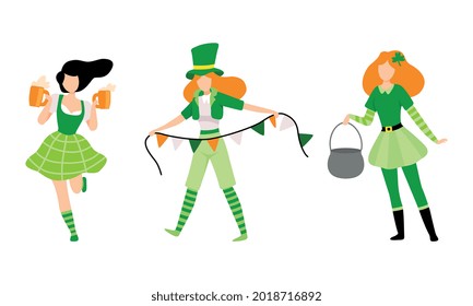 Happy Young Women in Green Irish Traditional Costumes Celebrating Saint Patrick s Day Holiday Cartoon Vector Illustration