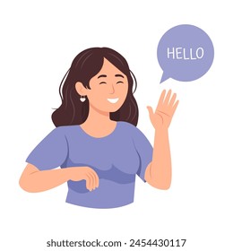 Happy young women greeting, waving with hand, hello gesture. Joyful communication.Flat vector illustration isolated on white background