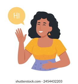 Happy young women greeting, waving with hand, hi gesture. Joyful communication.Flat vector illustration isolated on white background