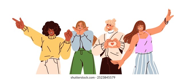 Jovens mulheres felizes grupo, posando juntos, sorrindo com expressões alegres. Amigas de pé, gesticulando. Alegre animado meninas positivas animadas. Ilustração de vetor plano isolada no plano de fundo branco