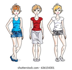 Happy young women group standing wearing fashionable casual clothes. Vector diversity people illustrations set.