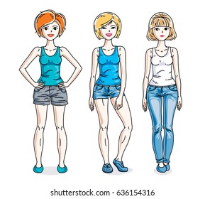 Happy young women group standing wearing fashionable casual clothes. Vector diversity people illustrations set. Fashion and lifestyle theme cartoons.