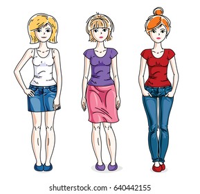 Happy young women group standing wearing fashionable casual clothes. Vector diversity people illustrations set. Fashion and lifestyle theme cartoons.