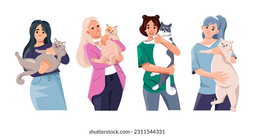 Happy young women hold cute fat cats in their arms. A set of portraits of pet owners. Animal care. Vector illustrations in cartoon style, isolated on a white background