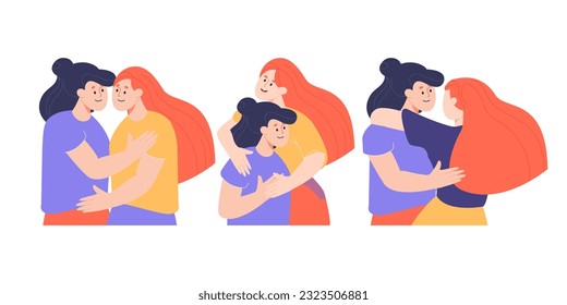 Happy young women hugging vector illustration. Friends, sisters or couple embracing and supporting each other on white background. Family, relationship, love, inclusion concept