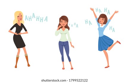 Happy Young Women Laughing Set, People Positive Emotions Cartoon Style Vector Illustration