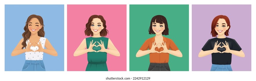 Happy young women making heart shape with hands set. Love concept vector illustration