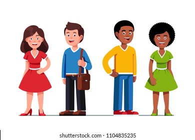 Happy young women & men couples standing wearing colorful clothes. Cheerful smiling young Caucasian and African American people cartoon characters set. Flat style vector illustration isolated on white