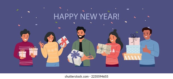 Happy young women and men holding  gifts boxes with ribbon.  Happy new year. Flat style cartoon vector illustration. 
