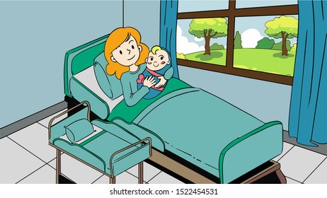 Happy young women mother holding little newborn baby with love. Hospital room on the background. Concept Vector cartoon illustration. Eps 10