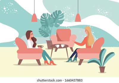 Happy Young Women Pair Talking Sit at Cafe Cartoon. Two Smiling Girls Sitting in Armchairs and Chatting over Cup of Tea. Female Friends Spending Time, Pastime Together. Vector Flat Illustration