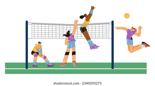 Happy young women playing volleyball scene flat style, vector illustration isolated on white background. Decorative design element, sport game, hobby and championship, athletic characters