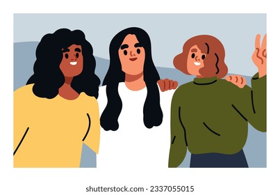 Happy young women portrait. Smiling cheerful girls group, selfie photo. Multi-ethnic friendly female friends hugging, embracing together. Girlfriends, besties unity. Flat vector illustration