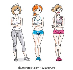 Happy young women posing wearing stylish sport clothes, sportswoman and fitness people. Vector set of beautiful people illustrations.