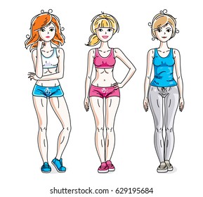 Happy young women posing wearing stylish sport clothes, sportswoman and fitness people. Vector set of beautiful people illustrations. Lifestyle theme fem characters.