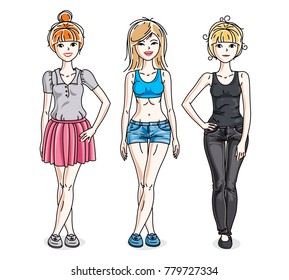 Happy young women posing wearing fashionable casual clothes. Vector people illustrations set. Fashion and lifestyle theme cartoons.
