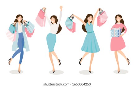 happy young women shopping in blue and pink tone eps10 vectors illustration