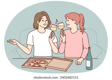 Happy young women sitting on couch at home eating pizza drinking wine. Smiling girls have fun enjoying food and leisure weekend together. Vector illustration.