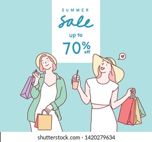 Happy young women in summer clothes holding shopping bags. Hand drawn style vector design illustrations.