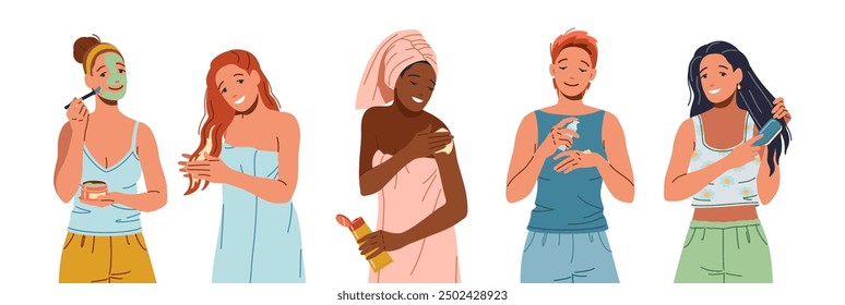 Happy young women taking beauty procedures after bathing flat color vector icon set. Pretty ladies skin and body care illustration pack on white