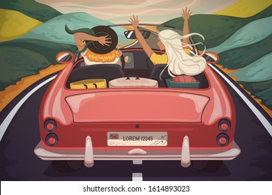 Happy young women travel by car. Girls laughing and enjoying with raised hands in car during a road trip. Vacation, holidays, travel, road trip concept. Vector illustration