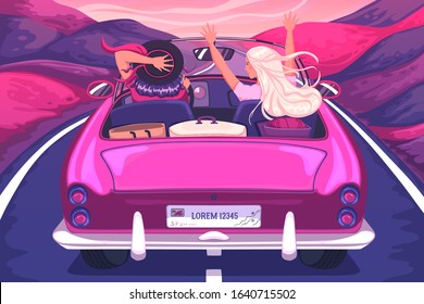 Happy young women travel by car. Girls laughing and enjoying with raised hands in car during a road trip. Vacation, holidays, travel, road trip concept. Vector illustration