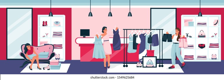 Happy young women try on dresses and shoes in clothing boutique. Vector flat cartoon illustration of fashion store interior. Seasonal sale in shop or mall.