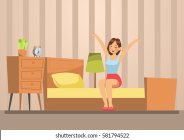 Happy young women wake up in the morning. Vector illustration design.