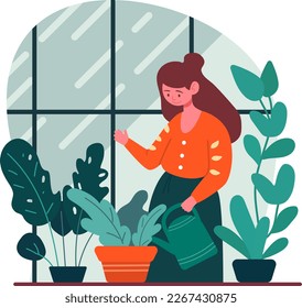 Happy young women watering house plants in different pots. Home gardening hobby, growing houseplants and greenery. Flat vector illustration. Plant lady and cozy domestic life concept.
