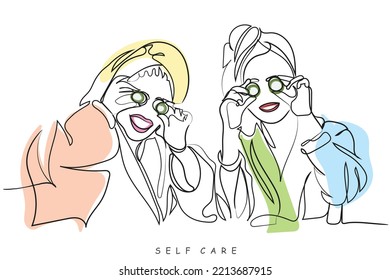 Happy young women wear white bathrobes towels on head make cucumber facial skin care mask on eyes relaxing together,smiling girls friends having fun on spa beauty salon party, Continuous line art.girl