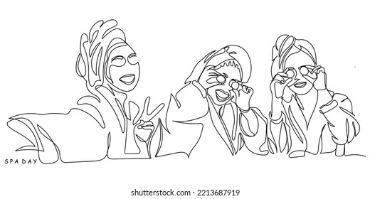 Happy young women wear white bathrobes towels on head make cucumber facial skin care mask on eyes relaxing together,smiling girls friends having fun on spa beauty salon party, Continuous line art.girl