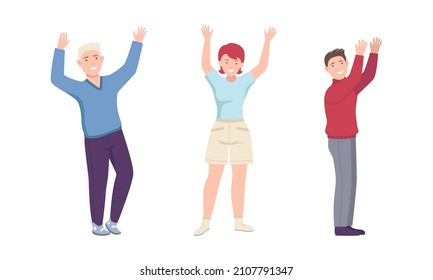 Happy youngmen and woman standing raising hands up set vector illustration