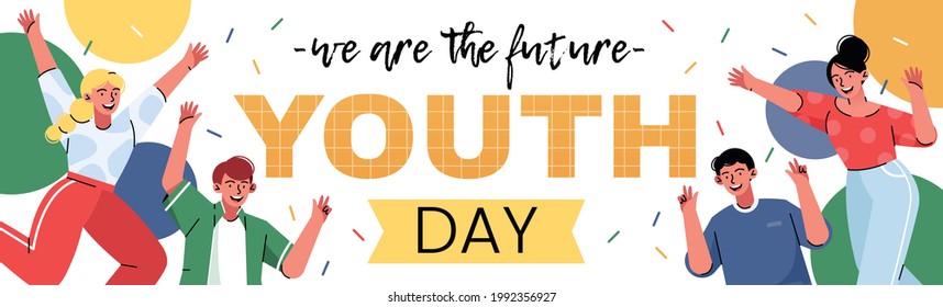 Happy youth day. August 12. Positive young people with beautiful bright decorative elements.  - Shutterstock ID 1992356927